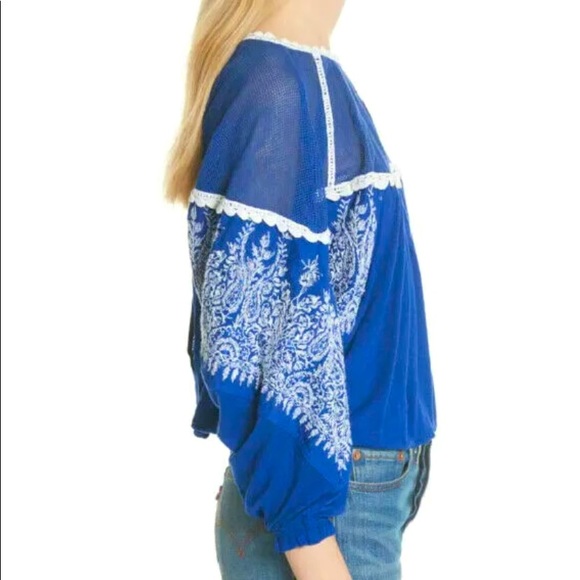 Free People Embroidered Sequin Mesh Balloon Peasant Blouse Top - Picture 9 of 13